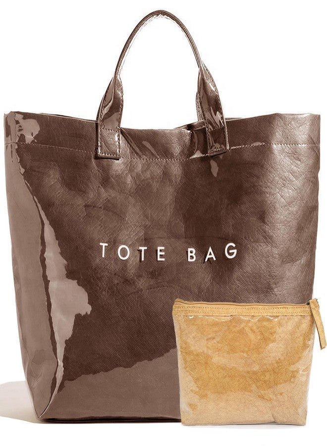 RUNSOON PVC Trendy Tote Bag for Women, Kraft Paper the Letter Print Tote Bag Large Work Tote Handbag Clear Plastic Bag Kelly Bag with Top Handle, Coffee - Image 1