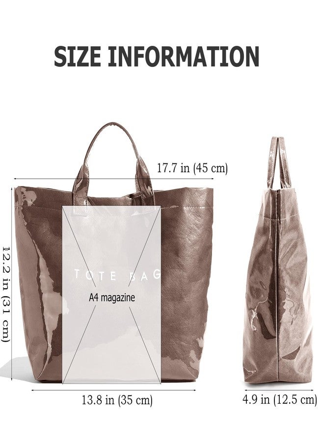 RUNSOON PVC Trendy Tote Bag for Women, Kraft Paper the Letter Print Tote Bag Large Work Tote Handbag Clear Plastic Bag Kelly Bag with Top Handle, Coffee - Image 5
