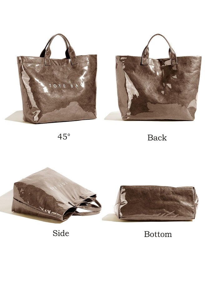 RUNSOON PVC Trendy Tote Bag for Women, Kraft Paper the Letter Print Tote Bag Large Work Tote Handbag Clear Plastic Bag Kelly Bag with Top Handle, Coffee - Image 4