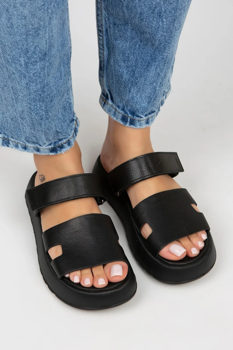 Manijero Manijero Seina Women's Genuine Leather Velcro Slippers, Black Slippers