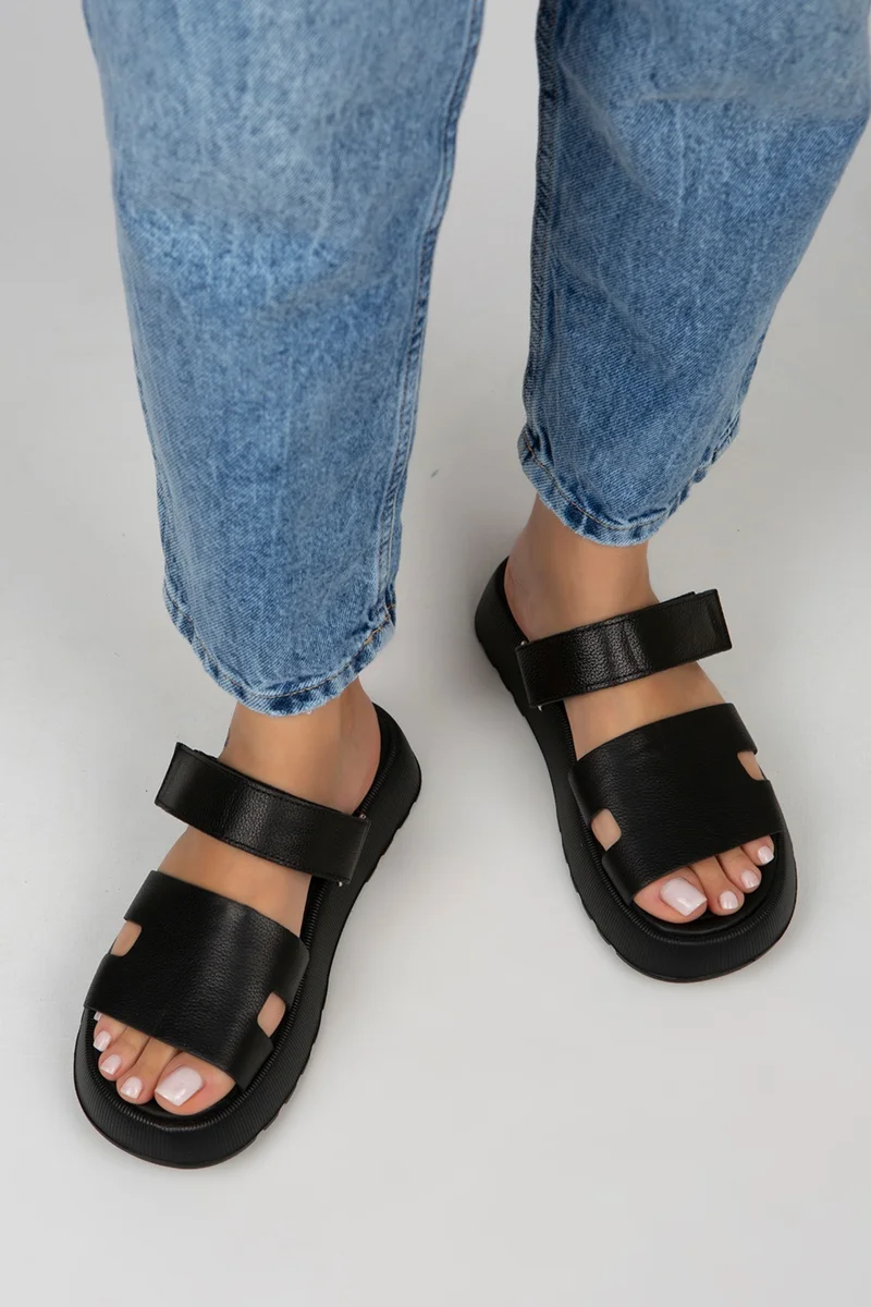 Manijero Manijero Seina Women's Genuine Leather Velcro Slippers, Black Slippers