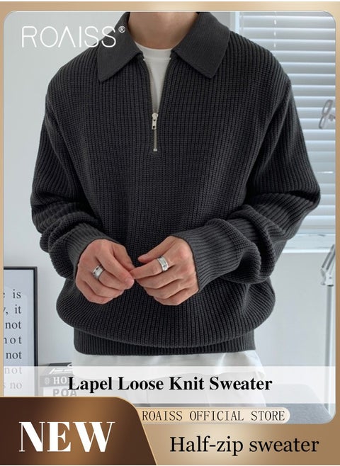 Half Turtleneck Sweater for Men with Zipper Men's Lapel Loose Sweater Vertical Pattern Solid Color Design Visually Slimming Comfortable and Stylish Knit Pullover