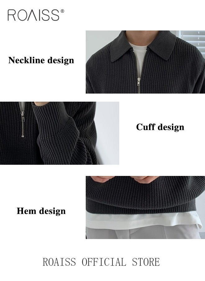 roaiss - Half Turtleneck Sweater for Men with Zipper Men's Lapel Loose Sweater Vertical Pattern Solid Color Design Visually Slimming Comfortable and Stylish Knit Pullover - Image 1