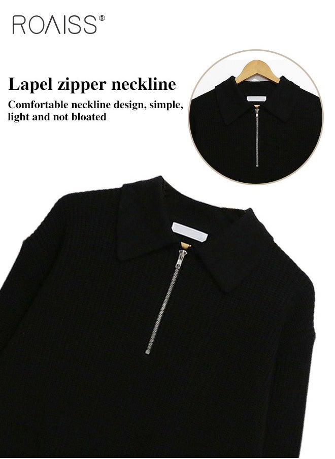 roaiss - Half Turtleneck Sweater for Men with Zipper Men's Lapel Loose Sweater Vertical Pattern Solid Color Design Visually Slimming Comfortable and Stylish Knit Pullover - Image 1