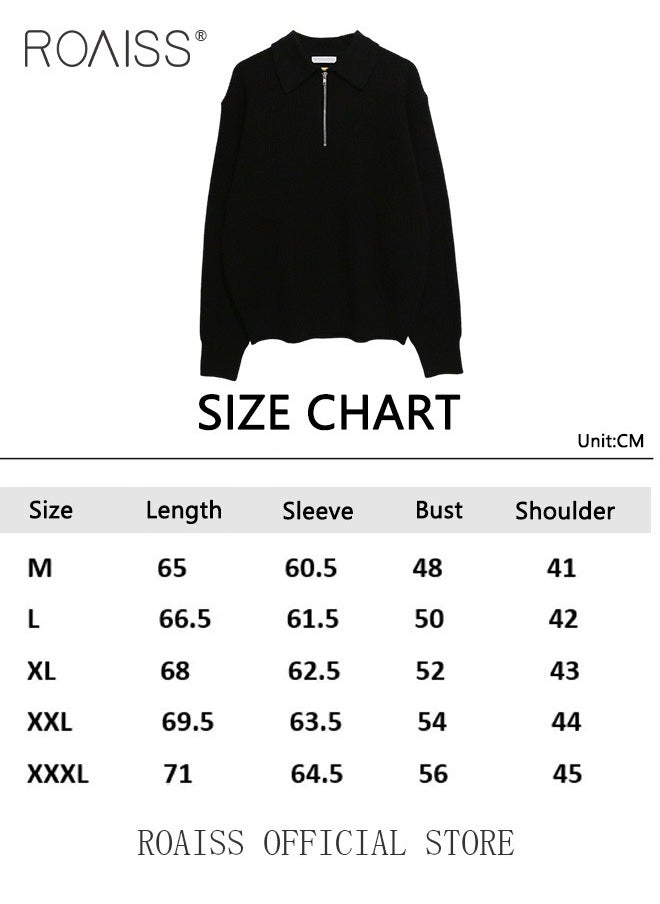 roaiss - Half Turtleneck Sweater for Men with Zipper Men's Lapel Loose Sweater Vertical Pattern Solid Color Design Visually Slimming Comfortable and Stylish Knit Pullover - Image 1