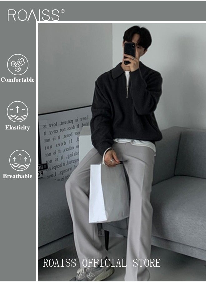 roaiss - Half Turtleneck Sweater for Men with Zipper Men's Lapel Loose Sweater Vertical Pattern Solid Color Design Visually Slimming Comfortable and Stylish Knit Pullover - Image 1