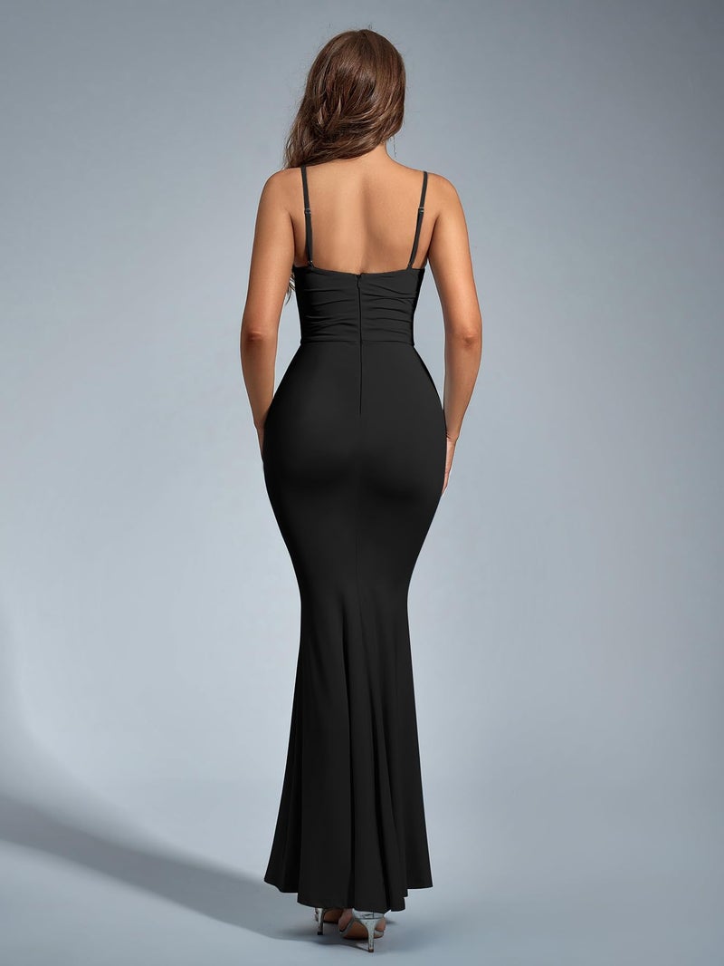 EYNMIN Women's Bodycon Maxi Dress Spaghetti Strap Sleeveless Elegant Long Formal Wedding Guest Dresses Black M - Image 4