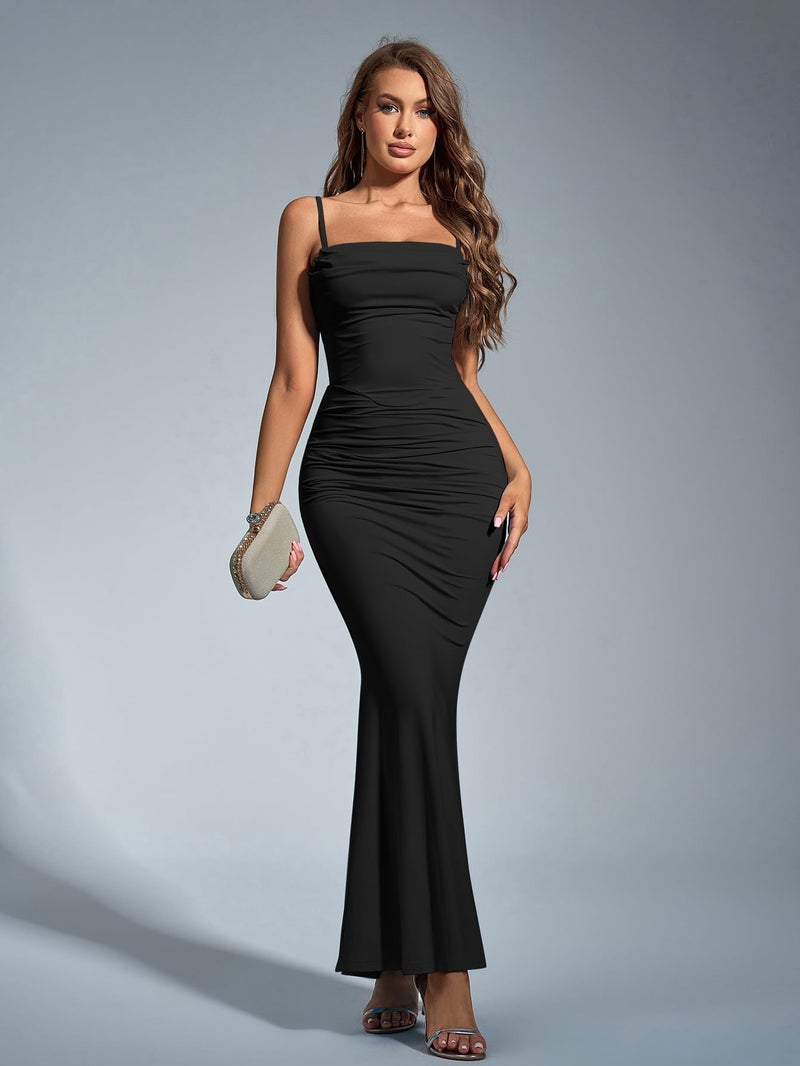 EYNMIN Women's Bodycon Maxi Dress Spaghetti Strap Sleeveless Elegant Long Formal Wedding Guest Dresses Black M - Image 2