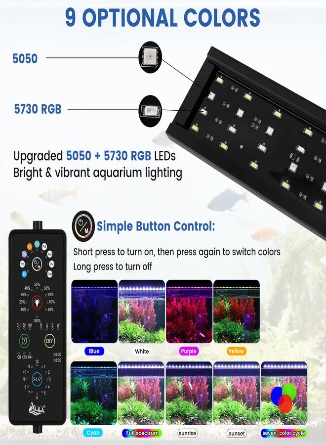 آقا مصباح AQQA كامل الطيف لنباتات أحواض السمك LED مقاوم للماء بمعيار IP68 مع وضع طبيعي يعمل على مدار الساعة ووضع RGBW قابل للتعديل، 9 ألوان و10 مستويات سطوع قابلة للتعديل، 6 إعدادات مؤقت لأحواض السمك من 24 إلى 32 بوصة (26 واط). - Image 2