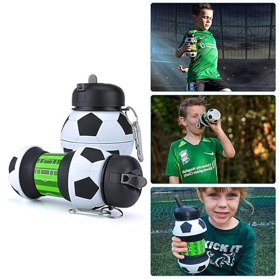 SOLDTRUE Collapsible Silicone Water Bottle 550ml. | Portable for School, Sports, Travel & Outdoor Activities | Football-Shaped, BPA-Free, Leakproof Kids Bottle with Fidget Spinner& Carabiner Clip - Image 2