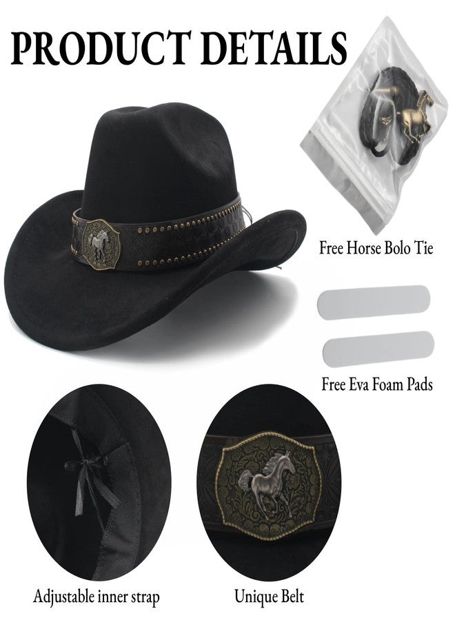 LIDHAY Western Cowboy Hat for Men Women,Classic Cowgirl Hats Cattleman Suede Cowboys Hats with Horse Bolo Tie YZDJP126 Black - Image 3