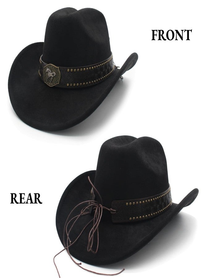 LIDHAY Western Cowboy Hat for Men Women,Classic Cowgirl Hats Cattleman Suede Cowboys Hats with Horse Bolo Tie YZDJP126 Black - Image 5