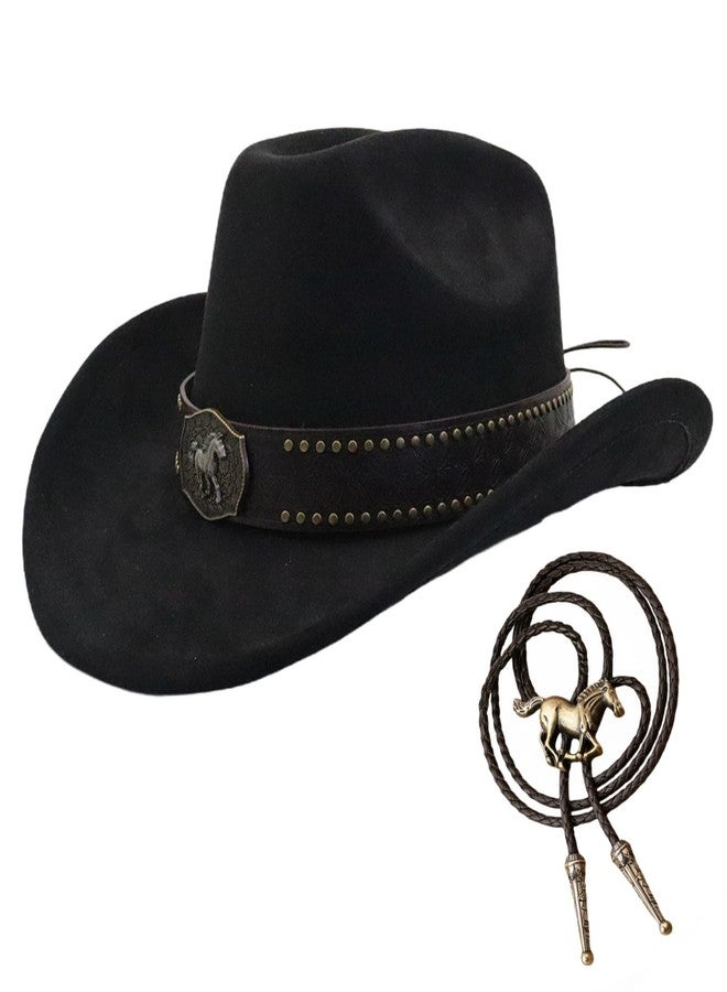 LIDHAY Western Cowboy Hat for Men Women,Classic Cowgirl Hats Cattleman Suede Cowboys Hats with Horse Bolo Tie YZDJP126 Black - Image 1