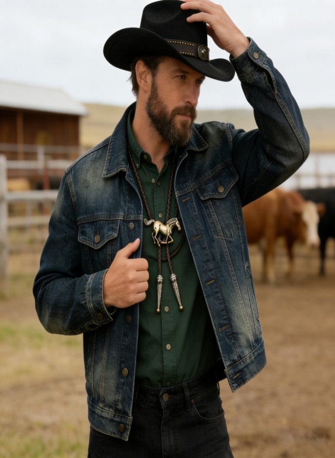 LIDHAY Western Cowboy Hat for Men Women,Classic Cowgirl Hats Cattleman Suede Cowboys Hats with Horse Bolo Tie YZDJP126 Black - Image 2
