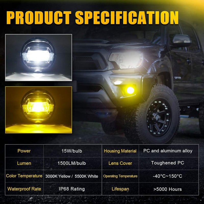 SUPAREE LED Fog Lights with Switchback Dual Color White/Yellow for Tacoma, Tundra, Solara, Sequoia - 2 Pack - Image 2