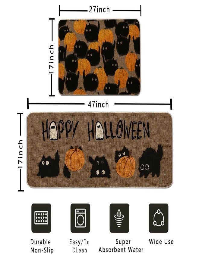 GAGEC Halloween Kitchen Mat Set of 2, Black Cat Pumpkins Kitchen Rug, Halloween Farmhouse Party Floor Mat for Home Kitchen Decorations - 17x27 and 17x47 Inch - Image 2