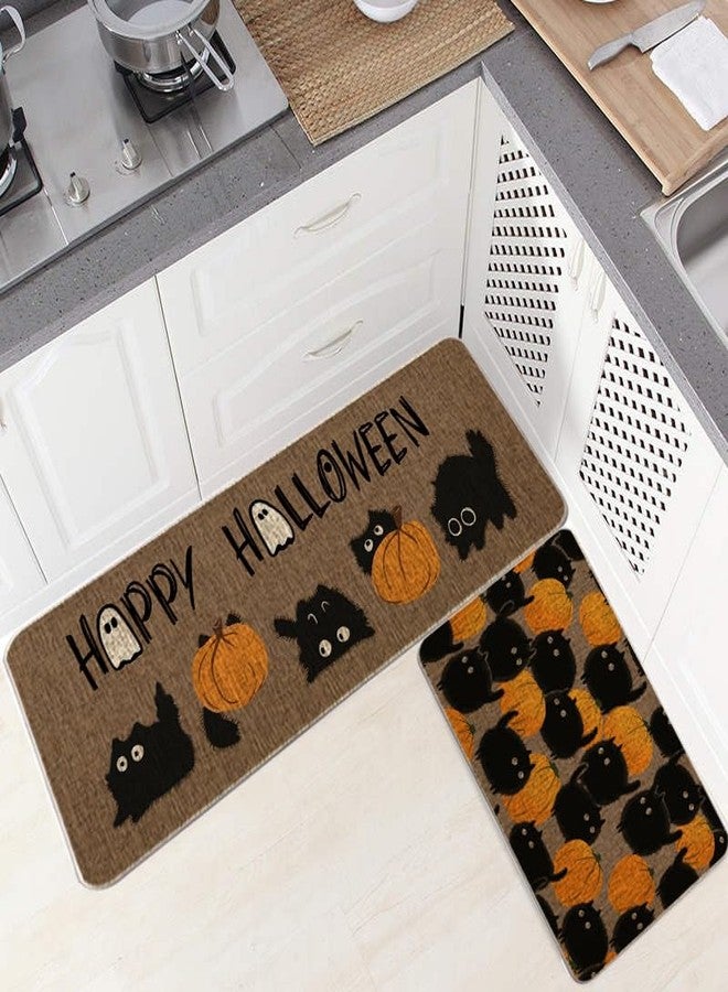 GAGEC Halloween Kitchen Mat Set of 2, Black Cat Pumpkins Kitchen Rug, Halloween Farmhouse Party Floor Mat for Home Kitchen Decorations - 17x27 and 17x47 Inch - Image 3