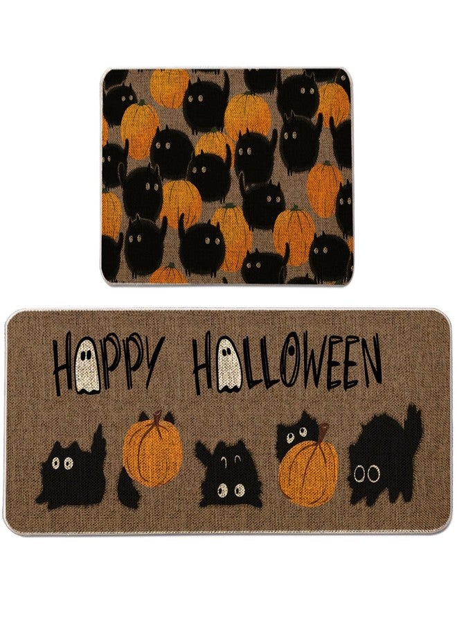 GAGEC Halloween Kitchen Mat Set of 2, Black Cat Pumpkins Kitchen Rug, Halloween Farmhouse Party Floor Mat for Home Kitchen Decorations - 17x27 and 17x47 Inch - Image 1