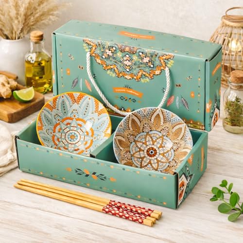ONICORN® Porcelain Dessert Bowls Gift Box Set Ceramic Bowl for Ice Cream, Soup, Rice, Snack, Side Bowl, Microwave and Dishwasher Safe - Unique Design with Grid and Wave Pattern (Green, Pack of 2) - Image 1