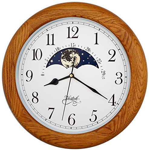JUSTIME 14 Inch Exclusive Solid Oak Wood NonTicking Sweep Mechanical Specialty Moon Phase Moving Dial Wall Clock Gift Home Dcor