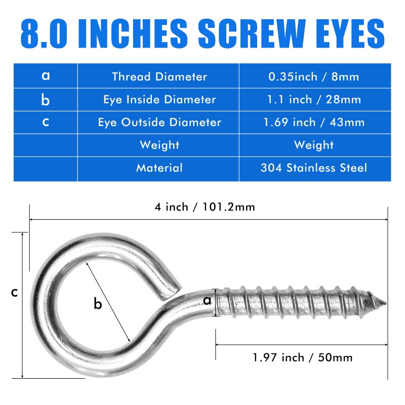ACCZIO 4PCS 4 inches Screw Eyes M8 304 Stainless Steel Eye Screws, Heavy Duty Screw, Eye Hooks Screw Eye Bolts Eye Hooks Screw, Indoor & Outdoor Uses (4, M8-4inch) - Image 2