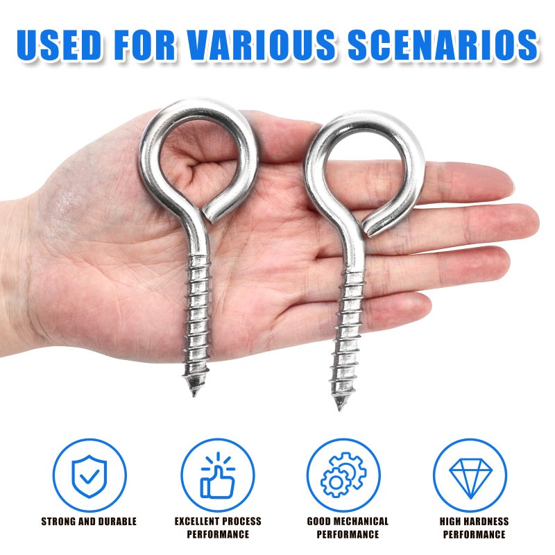 ACCZIO 4PCS 4 inches Screw Eyes M8 304 Stainless Steel Eye Screws, Heavy Duty Screw, Eye Hooks Screw Eye Bolts Eye Hooks Screw, Indoor & Outdoor Uses (4, M8-4inch) - Image 3