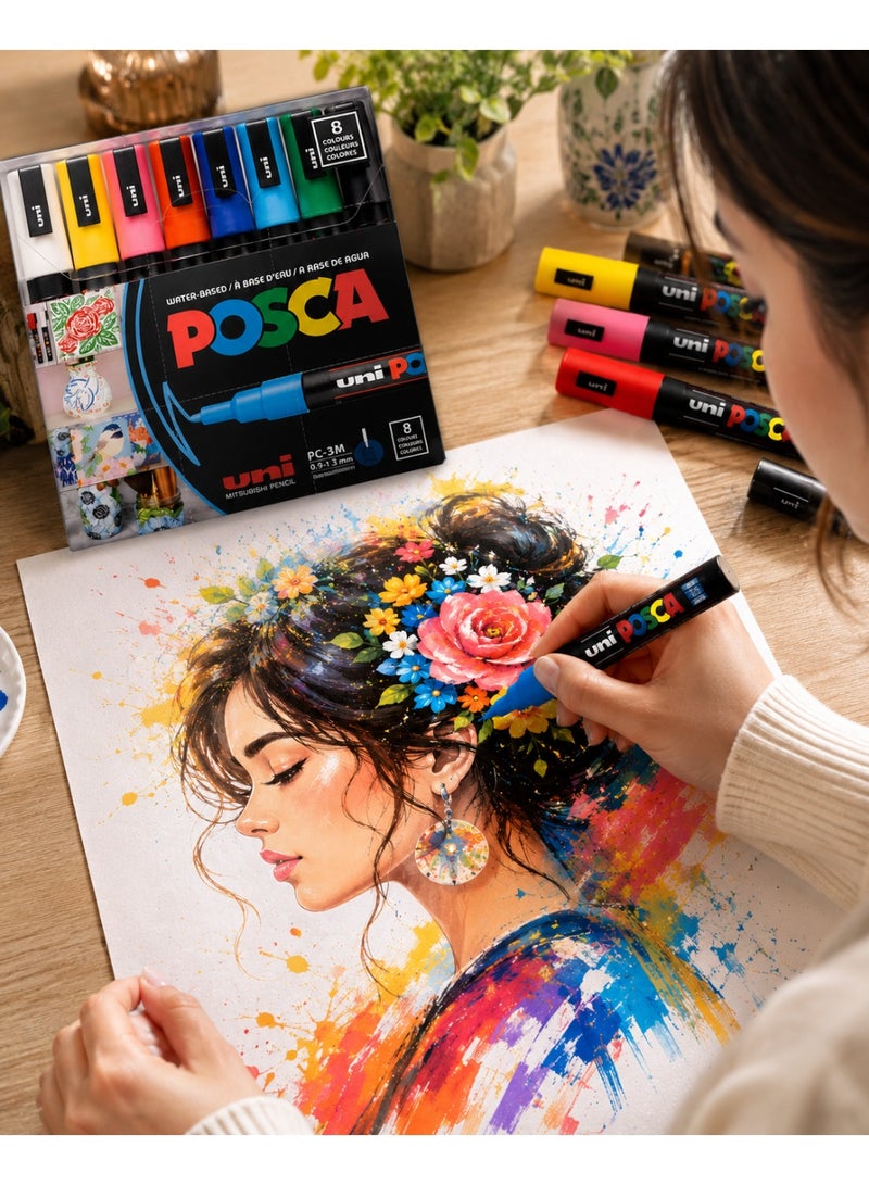 POSCA Paint Marker Pen Posca PC-3M Fine Tip 0.9-1.3 mm Water-Based Acrylic Paint Markers 8 Colors Set for Wood, Glass, Rock, Canvas & DIY Crafts - Image 1