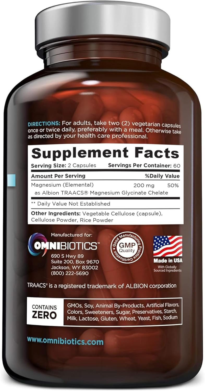 OmniBiotics Magnesium Glycinate 200mg with Superior Absorption  Magnesium Supplement with 100 Pure Albion TRAACS Bisglycinate Chelate for Sleep Heart Health Nerves  Muscles  NonGMO 120 Vegan Capsules - Image 2