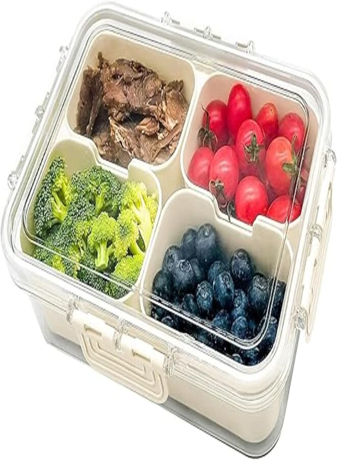 Divided Serving Tray Snack Platter Container with Lid & Handle, 4 Compartments Portable Food Fresh-Keeping Storage Box Vegetable Organizer for Refrigerator Perfect for Party & Picnic (4 Compartments)