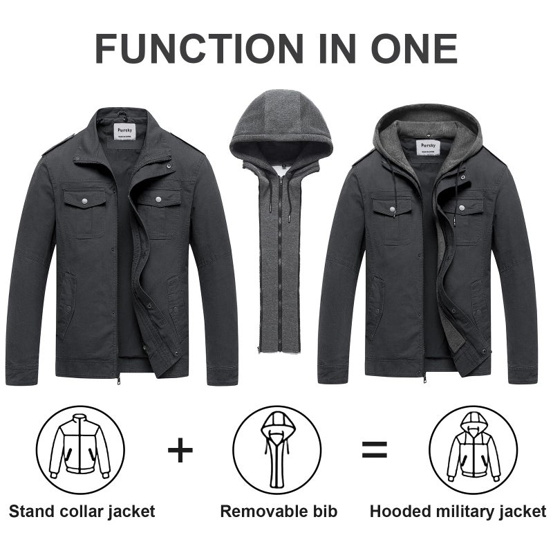 Pursky Men's Military Utility Jacket Outdoor Lightweight Cotton fashion Bomber Coat Grey 2XL - Image 2