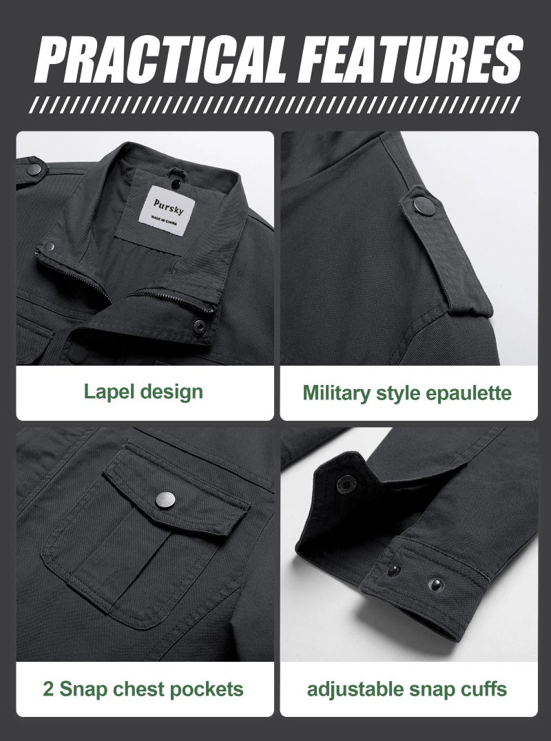 Pursky Men's Military Utility Jacket Outdoor Lightweight Cotton fashion Bomber Coat Grey 2XL - Image 5