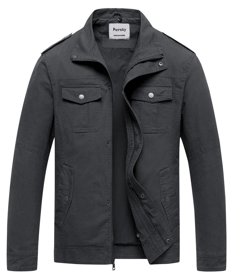 Pursky Men's Military Utility Jacket Outdoor Lightweight Cotton fashion Bomber Coat Grey 2XL - Image 1