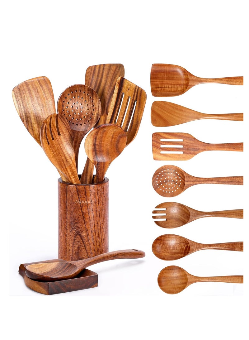 Arabest 9 Piece Natural Teak Wooden Kitchen Utensil Set with Spoon Rest, Comfort Grip Cooking Spoons and Utensils Holder, Non-Stick Wooden Spoons for Cooking, Kitchen Gift Set - Image 1