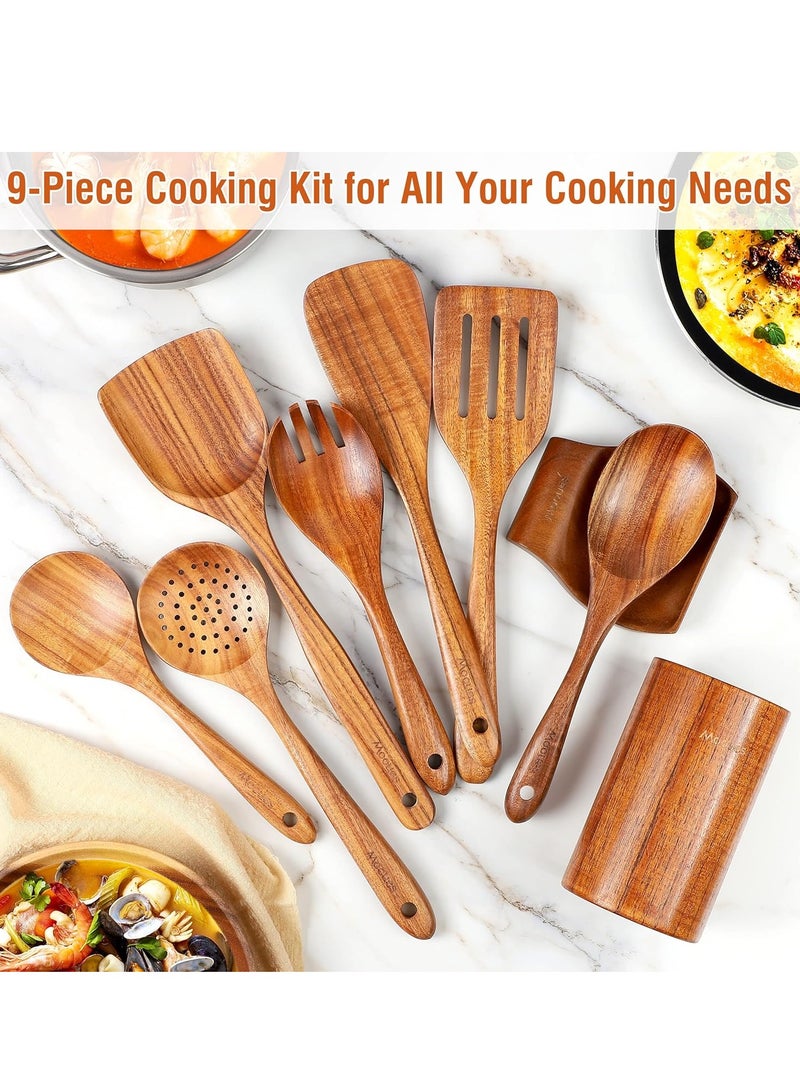 Arabest 9 Piece Natural Teak Wooden Kitchen Utensil Set with Spoon Rest, Comfort Grip Cooking Spoons and Utensils Holder, Non-Stick Wooden Spoons for Cooking, Kitchen Gift Set - Image 4