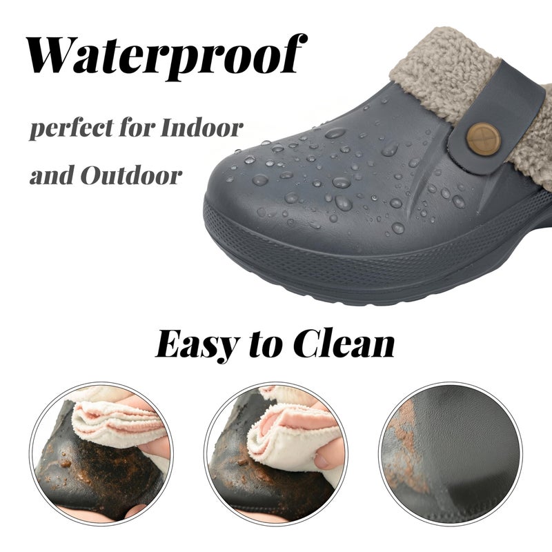ChayChax Women and Men Fur Lined Clogs Memory Foam Warm Fuzzy Slippers Winter Waterproof Indoor Outdoor Slipper, Grey, 8.5-9 Women/7.5-8 Men - Image 3