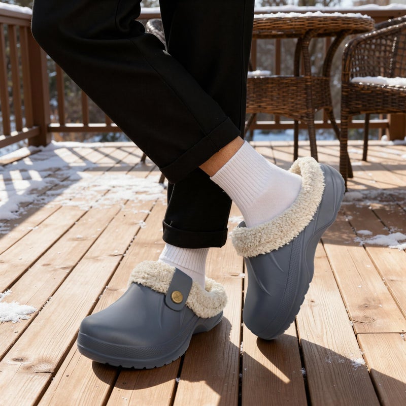 ChayChax Women and Men Fur Lined Clogs Memory Foam Warm Fuzzy Slippers Winter Waterproof Indoor Outdoor Slipper, Grey, 8.5-9 Women/7.5-8 Men - Image 2
