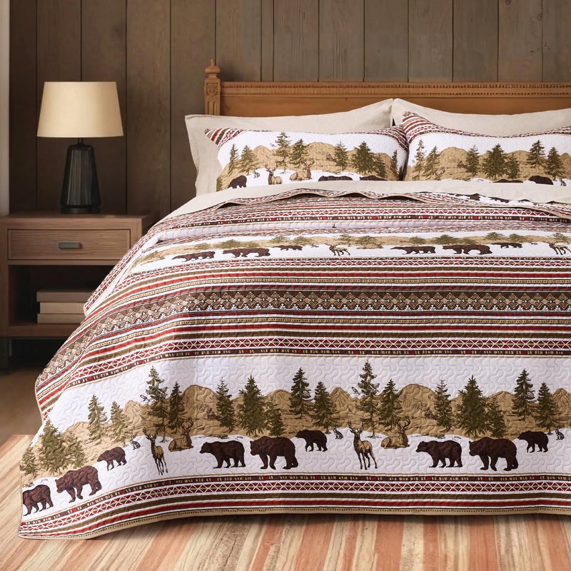 PPOLCA Cabin Queen Quilt Bedding Set Christmas Lightweight Reversible Rustic Bear Bedspread Coverlet 3Piece Lodge Bed Cover Quilt with 2 Pillow Shams for All Season Brown
