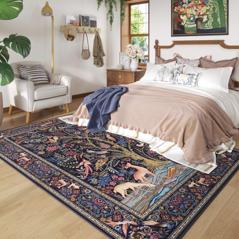 Rugcomf 8x10 Area Rugs Vibrant Tree of Life-Patterned Vintage Washable Area Rug Non Slip Low Pile Large Rug for Bedroom Farmhouse Dining Room Kids Playroom, Blue - Image 3