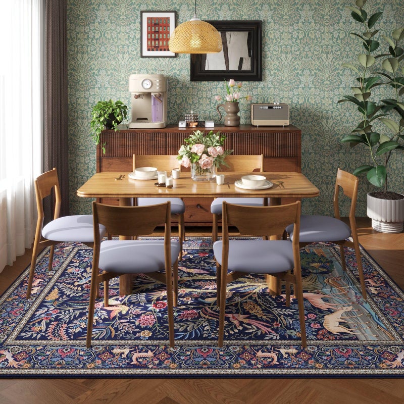 Rugcomf 8x10 Area Rugs Vibrant Tree of Life-Patterned Vintage Washable Area Rug Non Slip Low Pile Large Rug for Bedroom Farmhouse Dining Room Kids Playroom, Blue - Image 4