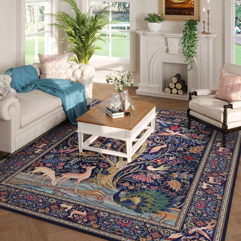 Rugcomf 8x10 Area Rugs Vibrant Tree of Life-Patterned Vintage Washable Area Rug Non Slip Low Pile Large Rug for Bedroom Farmhouse Dining Room Kids Playroom, Blue - Image 2