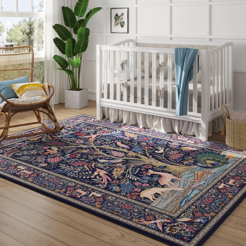 Rugcomf 8x10 Area Rugs Vibrant Tree of Life-Patterned Vintage Washable Area Rug Non Slip Low Pile Large Rug for Bedroom Farmhouse Dining Room Kids Playroom, Blue - Image 5