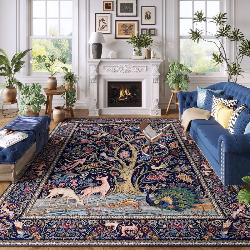 Rugcomf 8x10 Area Rugs Vibrant Tree of Life-Patterned Vintage Washable Area Rug Non Slip Low Pile Large Rug for Bedroom Farmhouse Dining Room Kids Playroom, Blue - Image 1