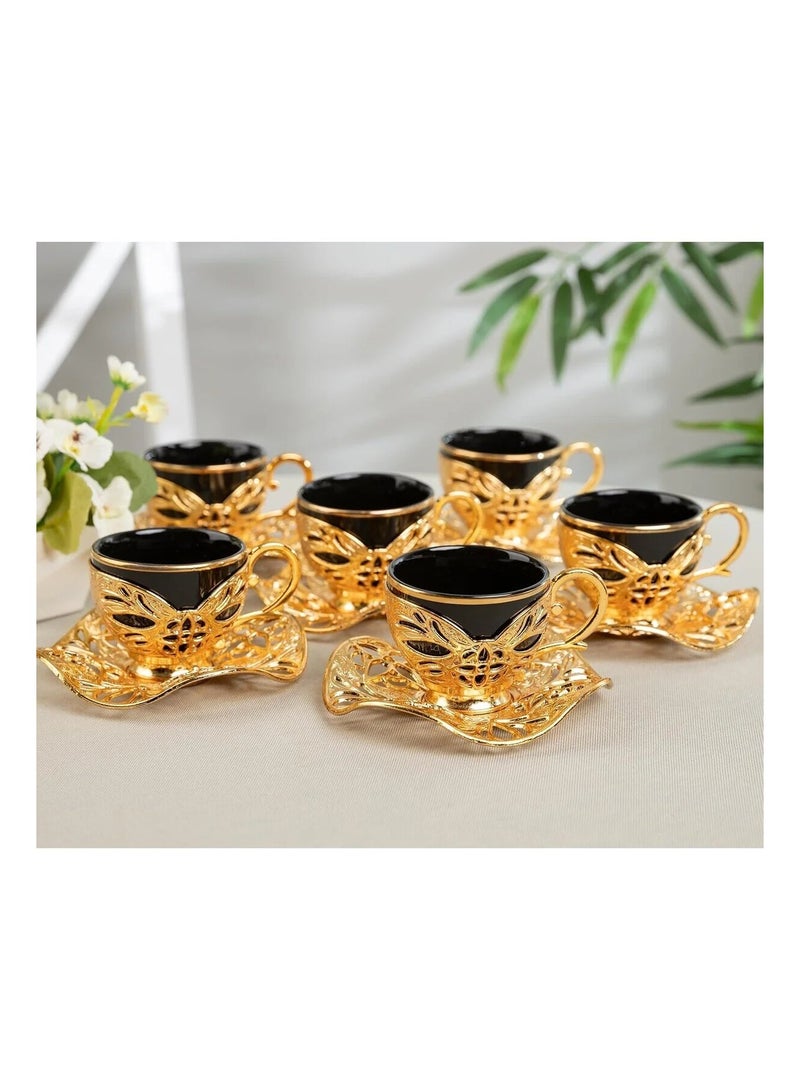 أكار طقم قهوة تركية فاخر من 6 فناجين مع حوامل وصحون بالتراث العثماني الأنيق باللون الأسود والذهبي – صناعة تركية - Image 2