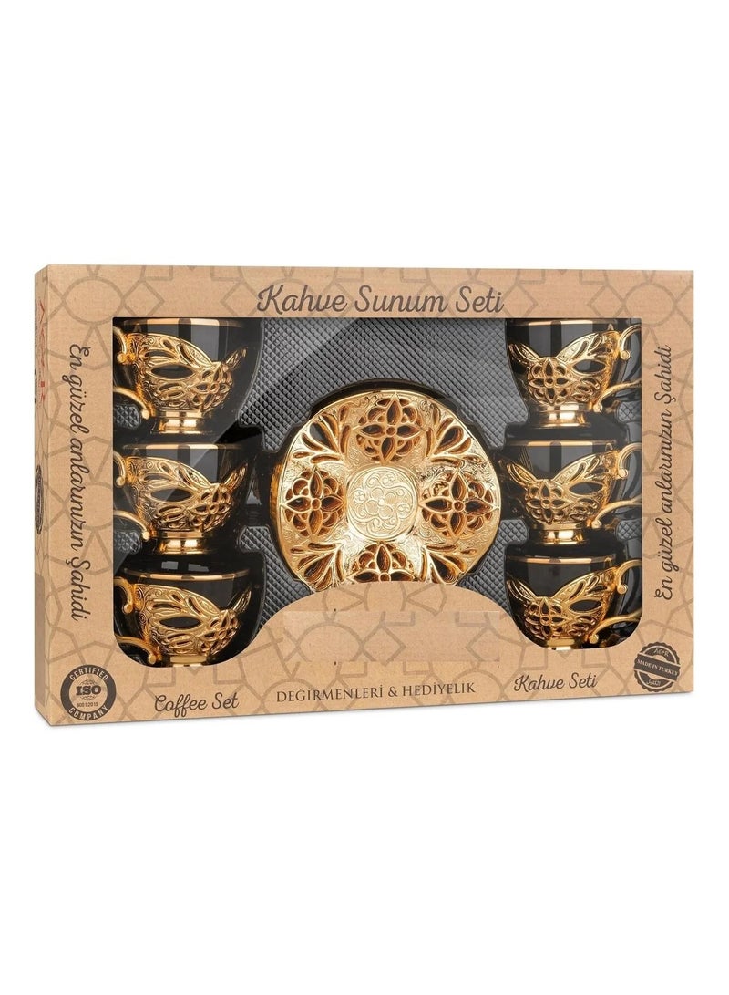 أكار طقم قهوة تركية فاخر من 6 فناجين مع حوامل وصحون بالتراث العثماني الأنيق باللون الأسود والذهبي – صناعة تركية - Image 3