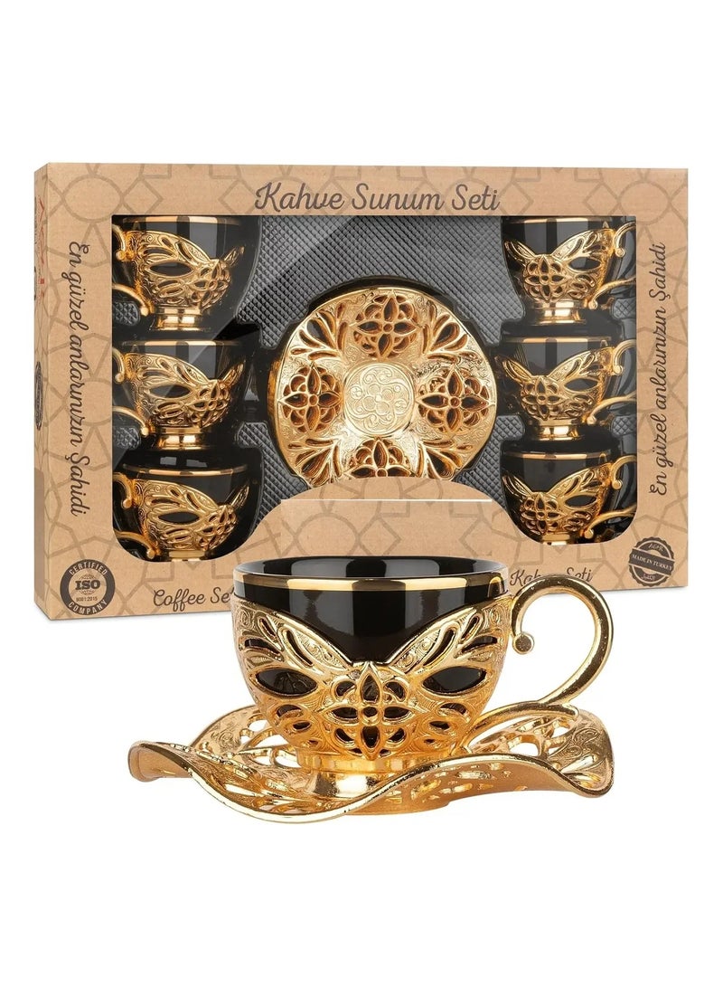 أكار طقم قهوة تركية فاخر من 6 فناجين مع حوامل وصحون بالتراث العثماني الأنيق باللون الأسود والذهبي – صناعة تركية - Image 1