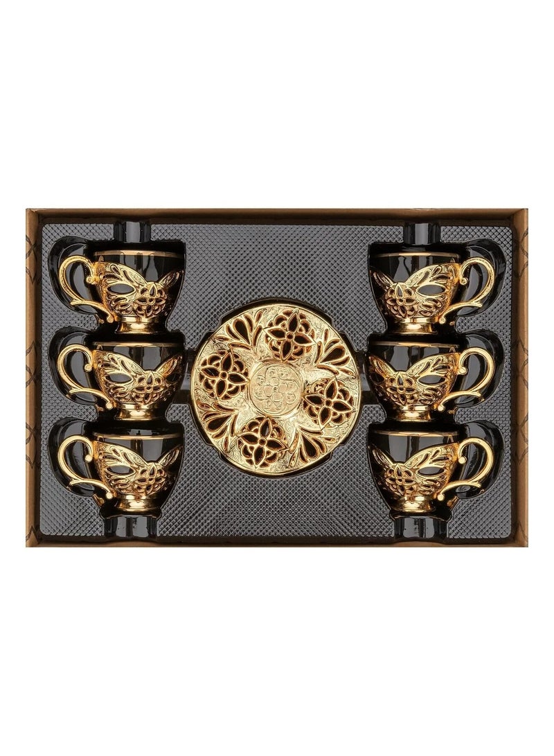أكار طقم قهوة تركية فاخر من 6 فناجين مع حوامل وصحون بالتراث العثماني الأنيق باللون الأسود والذهبي – صناعة تركية - Image 4