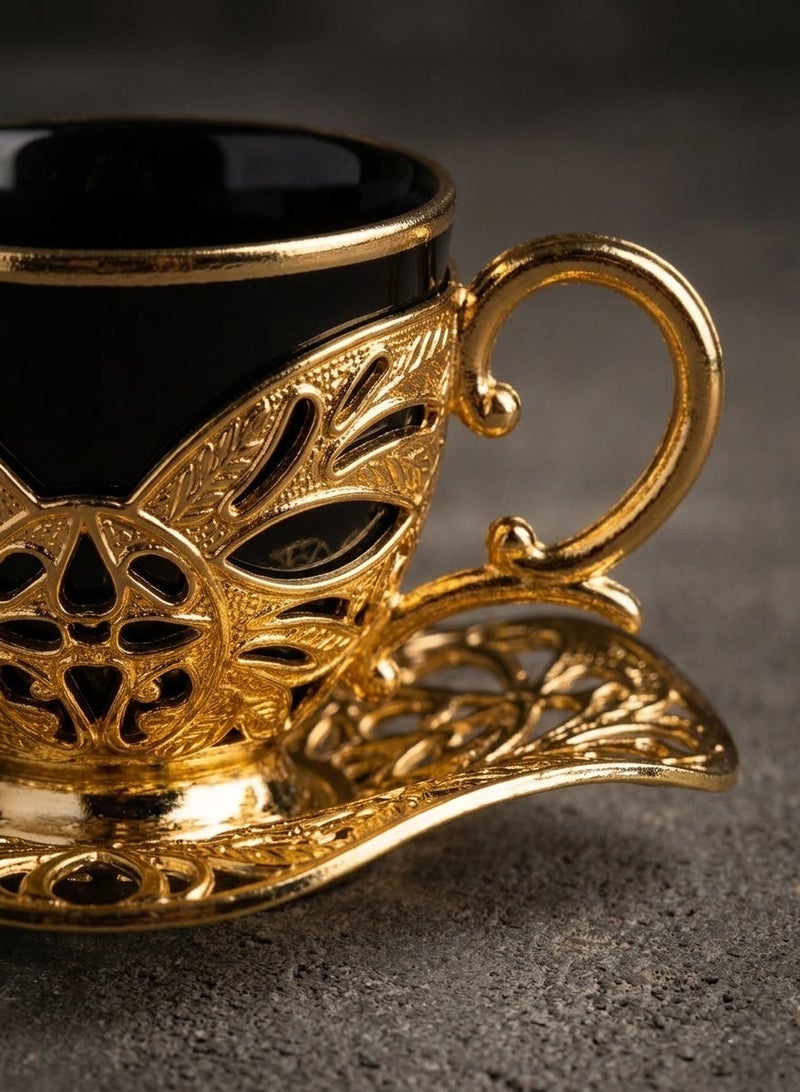 Acar Saudi tea and coffee set of 6 Cups with Holders and Saucers in Elegant Ottoman Style in Black & Gold – Made in Turkey - Image 2