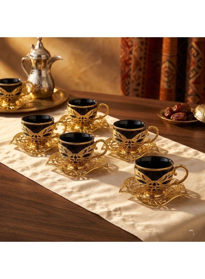 Acar Saudi tea and coffee set of 6 Cups with Holders and Saucers in Elegant Ottoman Style in Black & Gold – Made in Turkey - Image 1