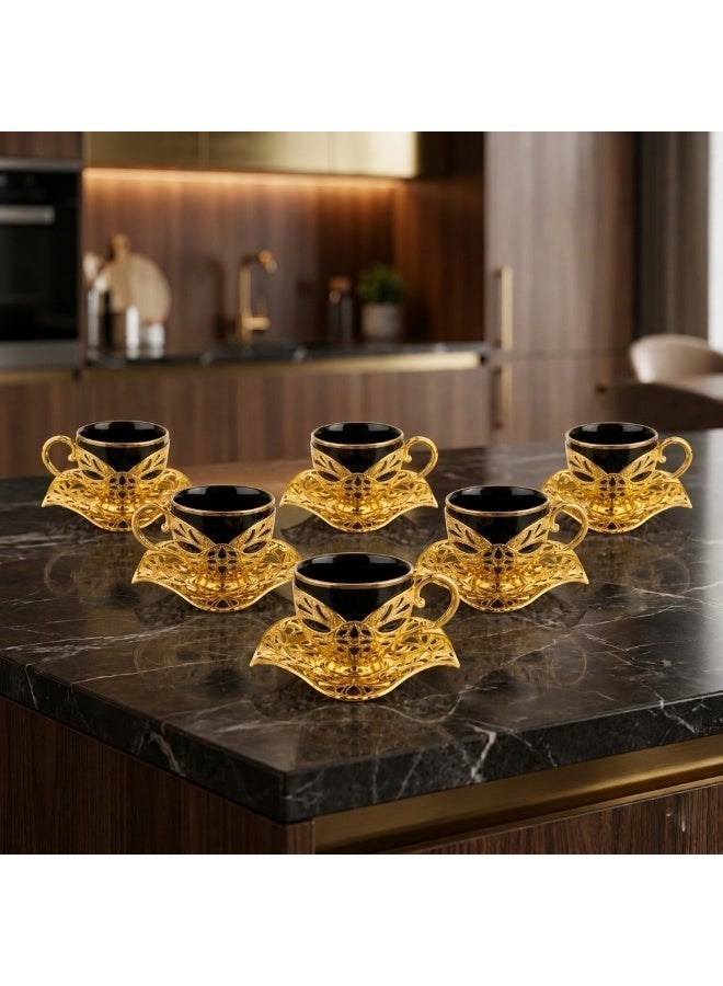Acar Saudi tea and coffee set of 6 Cups with Holders and Saucers in Elegant Ottoman Style in Black & Gold – Made in Turkey - Image 4