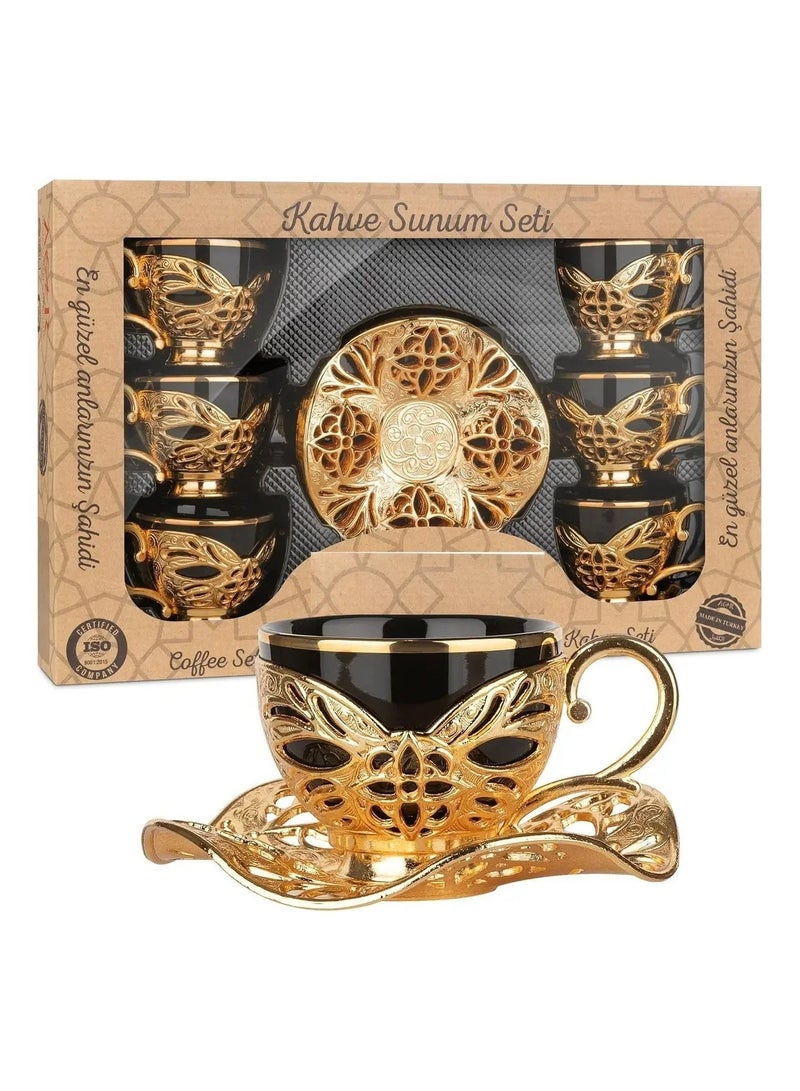 Acar Saudi tea and coffee set of 6 Cups with Holders and Saucers in Elegant Ottoman Style in Black & Gold – Made in Turkey - Image 5